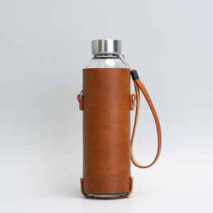 Leather water bottle holder with strap and glass bottle - Elite Water bottles