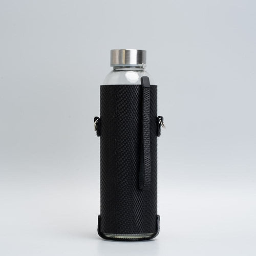Leather water bottle holder with strap and glass bottle - Elite Water bottles