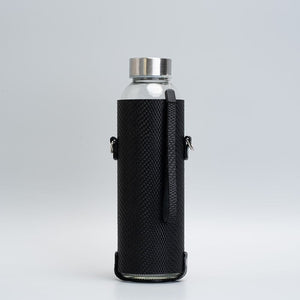 Leather water bottle holder with strap and glass bottle - Elite Water bottles