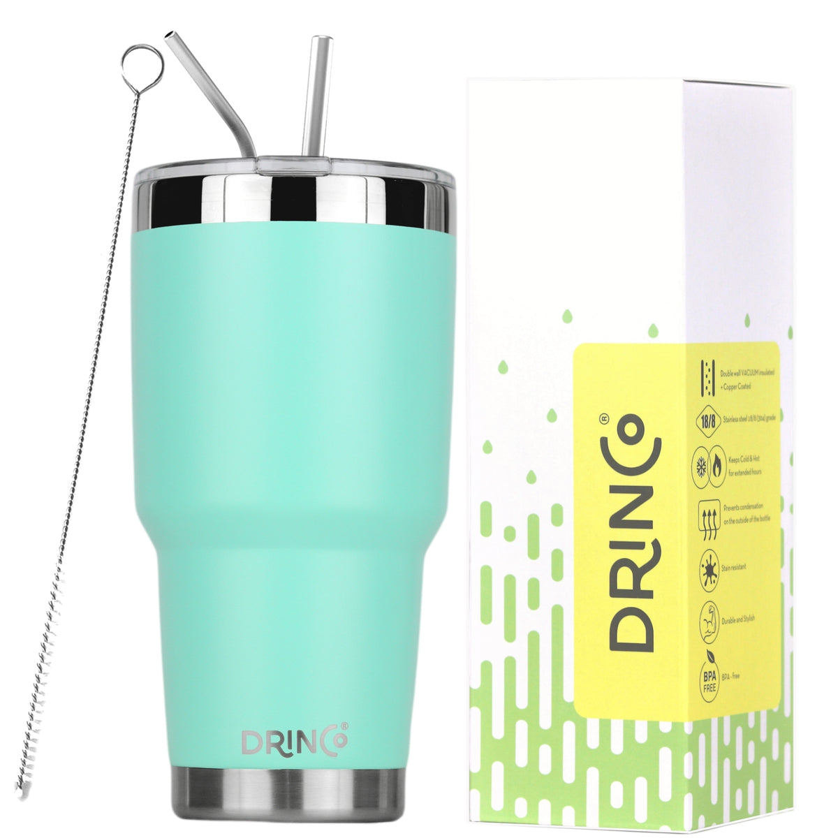 DRINCO® 30oz Insulated Tumbler Spill Proof Lid w/2 Straws (Teal) - Elite Water bottles