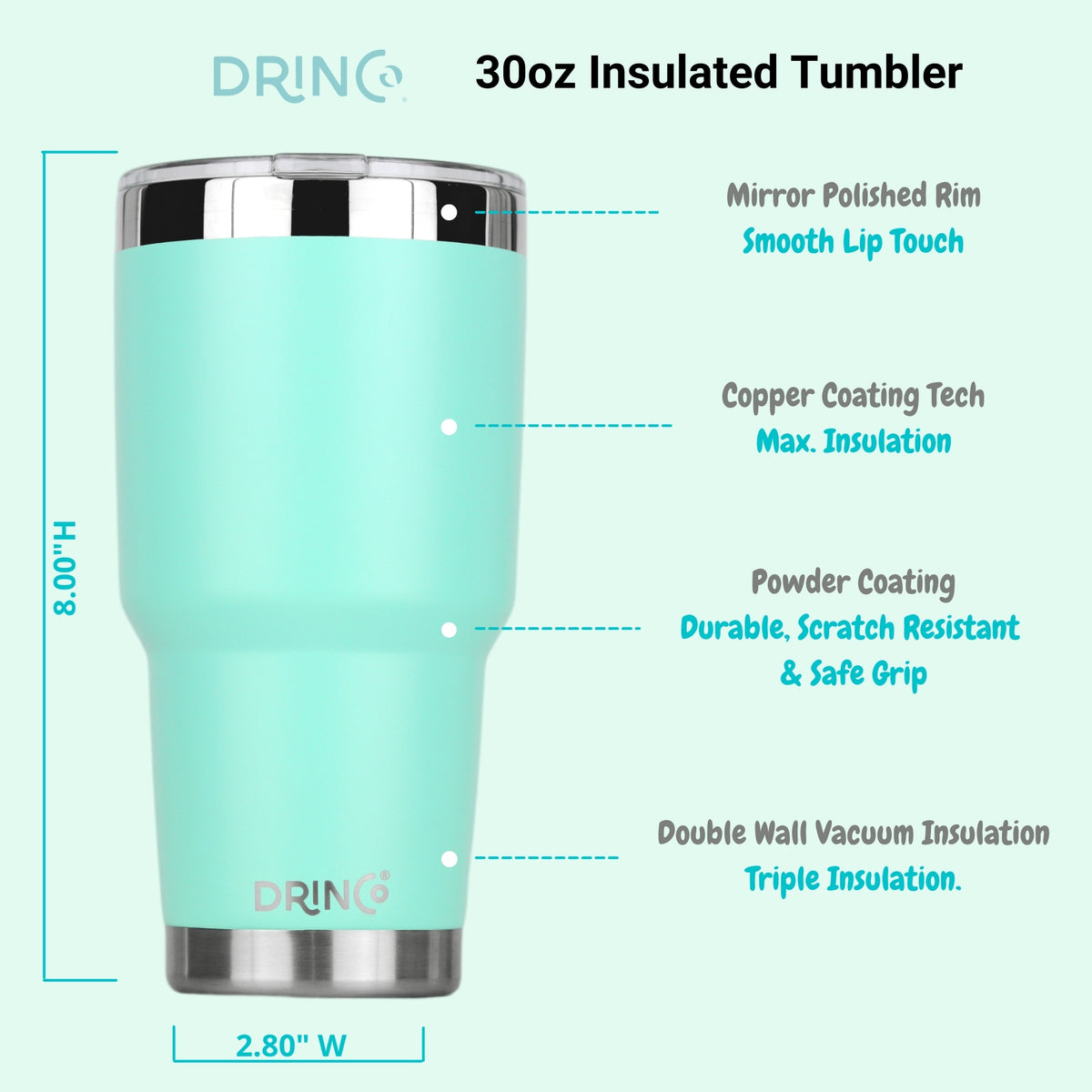 DRINCO® 30oz Insulated Tumbler Spill Proof Lid w/2 Straws (Teal) - Elite Water bottles