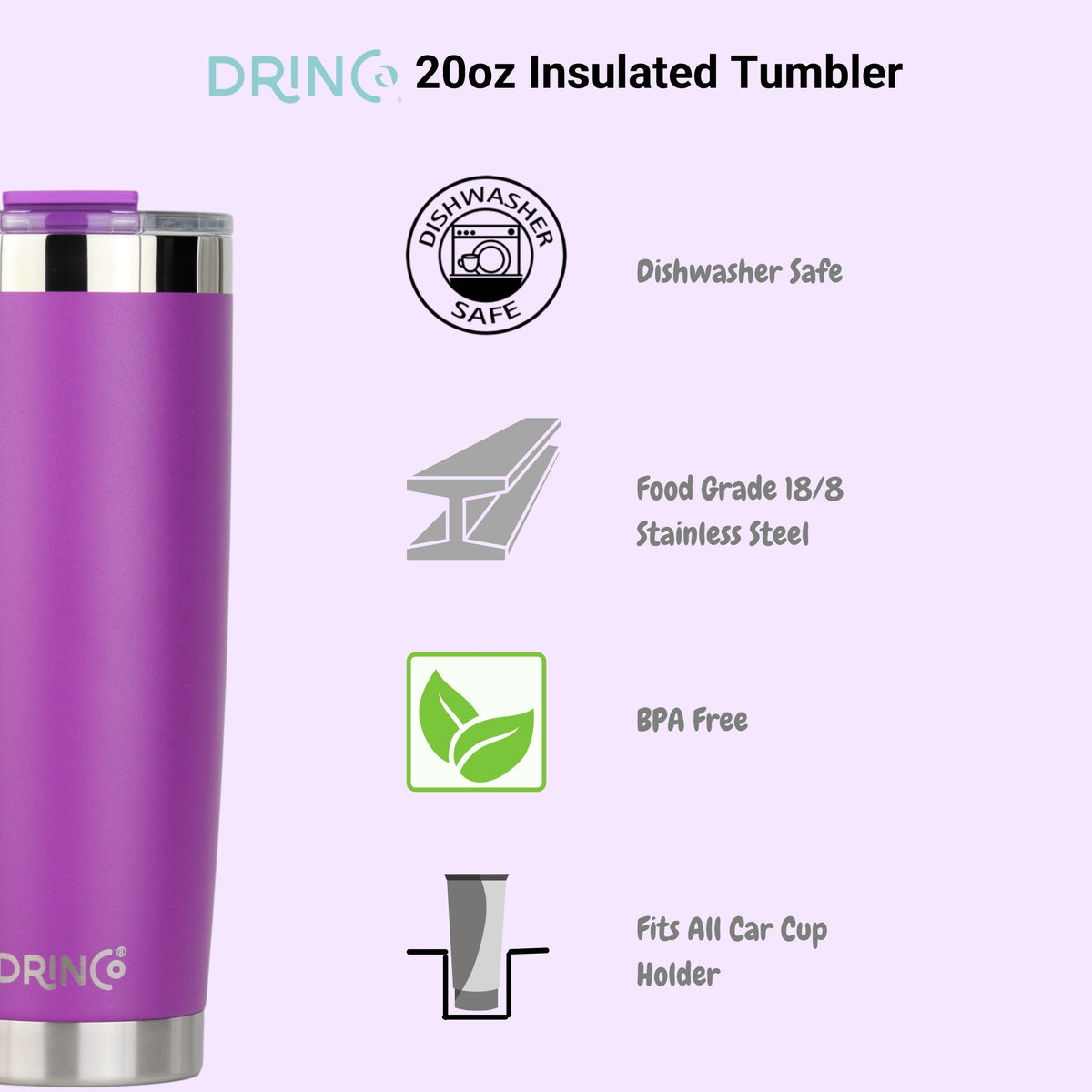 DRINCO®  20oz Insulated Tumbler w/Spill Proof Lid, 2 Straws(Purple) - Elite Water bottles
