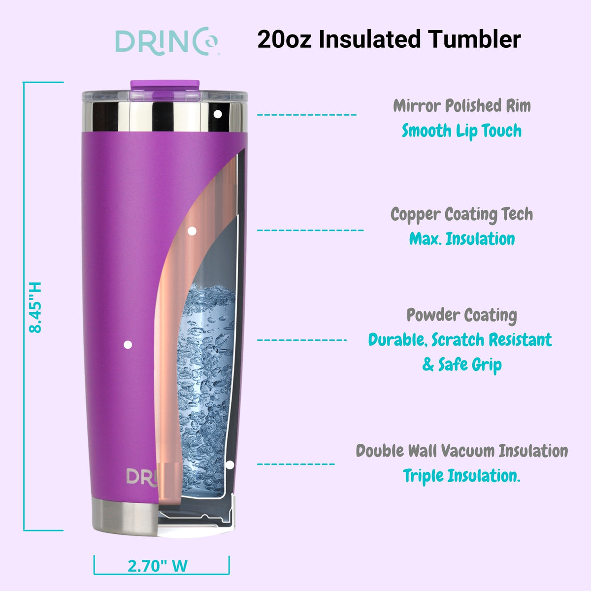 DRINCO®  20oz Insulated Tumbler w/Spill Proof Lid, 2 Straws(Purple) - Elite Water bottles