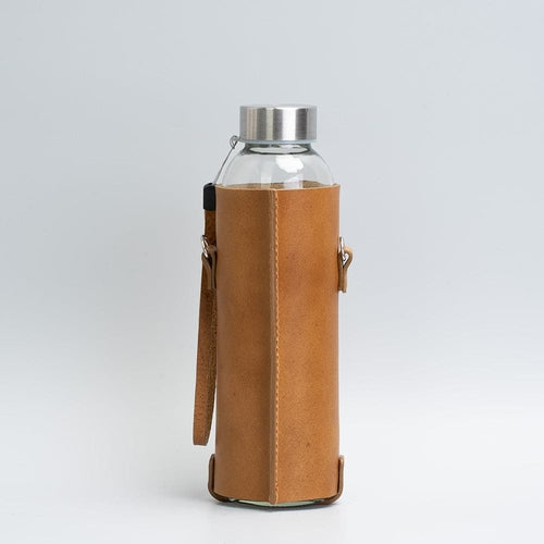 Leather water bottle holder with strap and glass bottle - Elite Water bottles